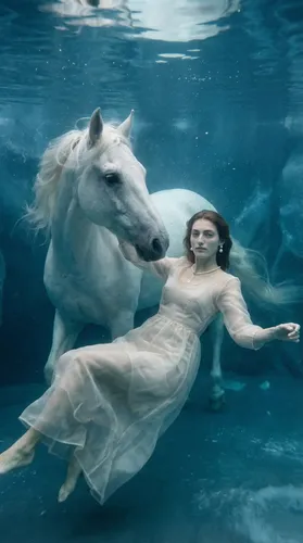 Malvensky — model and white horse suspended underwater